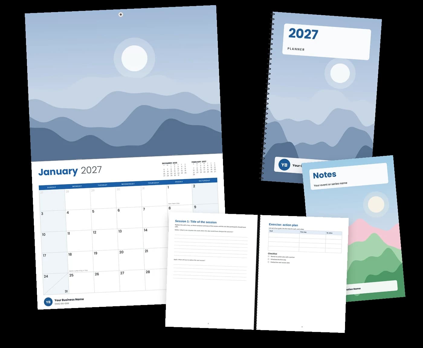 A 2027 wall calendar, a coil planner, a notebook and an open workbook made from our templates